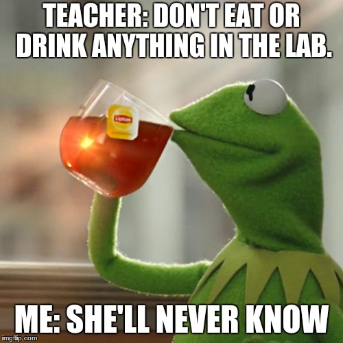 But That's None Of My Business | TEACHER: DON'T EAT OR DRINK ANYTHING IN THE LAB. ME: SHE'LL NEVER KNOW | image tagged in memes,but thats none of my business,kermit the frog | made w/ Imgflip meme maker