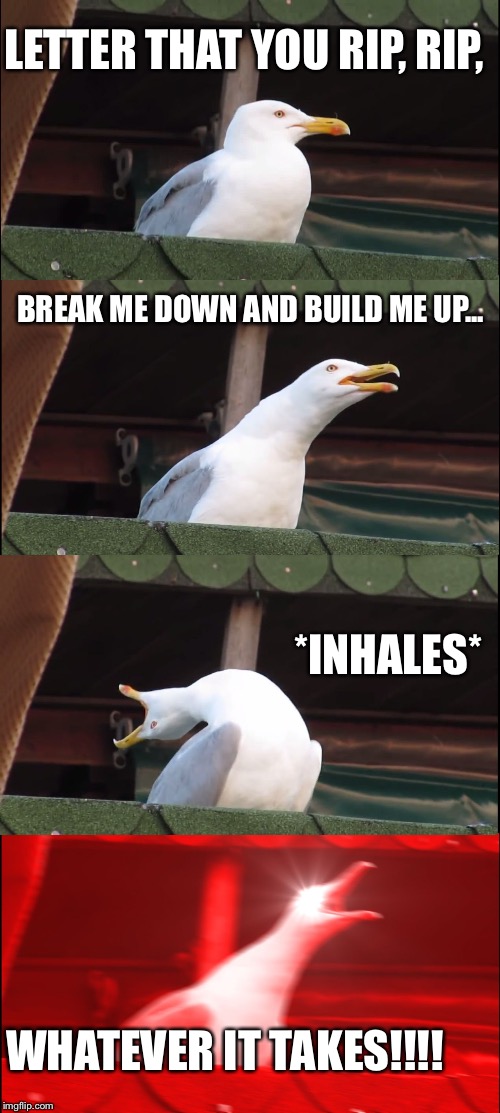 Inhaling Seagull | LETTER THAT YOU RIP, RIP, BREAK ME DOWN AND BUILD ME UP... *INHALES*; WHATEVER IT TAKES!!!! | image tagged in memes,inhaling seagull | made w/ Imgflip meme maker