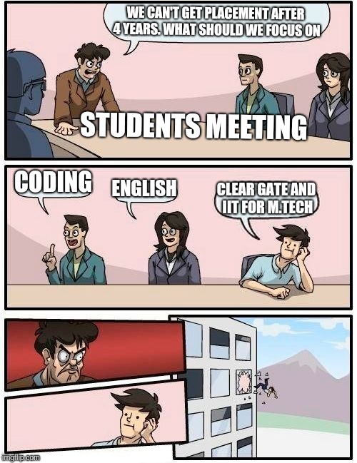 Boardroom Meeting Suggestion Meme | WE CAN'T GET PLACEMENT AFTER 4 YEARS. WHAT SHOULD WE FOCUS ON; STUDENTS MEETING; CODING; ENGLISH; CLEAR GATE AND IIT FOR M.TECH | image tagged in memes,boardroom meeting suggestion | made w/ Imgflip meme maker