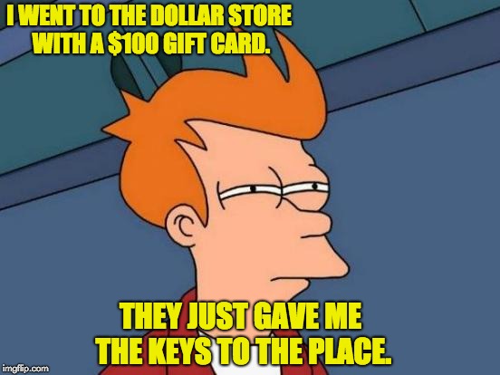 Futurama Fry Meme | I WENT TO THE DOLLAR STORE WITH A $100 GIFT CARD. THEY JUST GAVE ME THE KEYS TO THE PLACE. | image tagged in memes,futurama fry | made w/ Imgflip meme maker