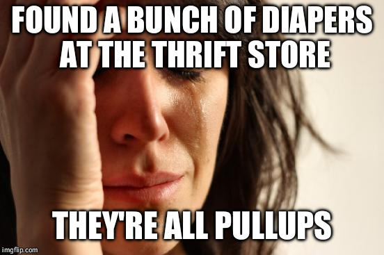 AB/DL problems | FOUND A BUNCH OF DIAPERS AT THE THRIFT STORE; THEY'RE ALL PULLUPS | image tagged in memes,first world problems | made w/ Imgflip meme maker