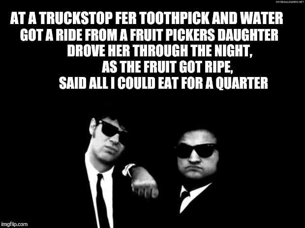 Blues Brothers | AT A TRUCKSTOP FER TOOTHPICK AND WATER GOT A RIDE FROM A FRUIT PICKERS DAUGHTER       
DROVE HER THROUGH THE NIGHT,              AS THE FRUI | image tagged in blues brothers | made w/ Imgflip meme maker