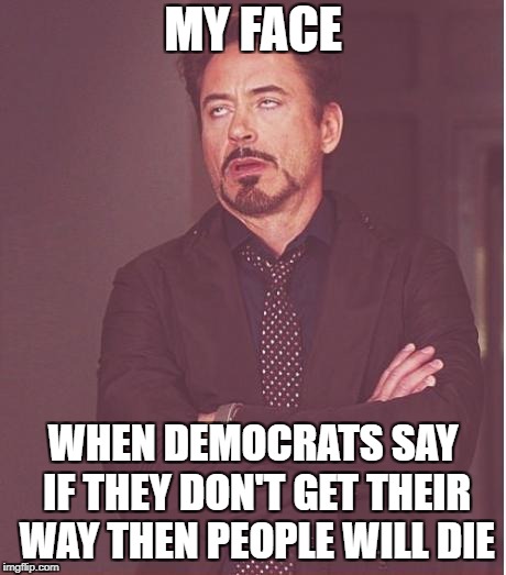 Face You Make Robert Downey Jr |  MY FACE; WHEN DEMOCRATS SAY IF THEY DON'T GET THEIR WAY THEN PEOPLE WILL DIE | image tagged in memes,face you make robert downey jr | made w/ Imgflip meme maker