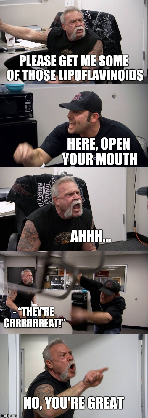 American Chopper Argument Meme | PLEASE GET ME SOME OF THOSE LIPOFLAVINOIDS; HERE, OPEN YOUR MOUTH; AHHH... - “THEY'RE GRRRRRREAT!”; NO, YOU'RE GREAT | image tagged in memes,american chopper argument | made w/ Imgflip meme maker
