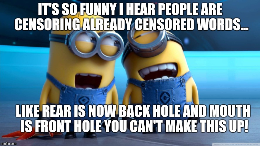 laughing with friends | IT'S SO FUNNY I HEAR PEOPLE ARE CENSORING ALREADY CENSORED WORDS... LIKE REAR IS NOW BACK HOLE AND MOUTH IS FRONT HOLE YOU CAN'T MAKE THIS UP! | image tagged in laughing with friends | made w/ Imgflip meme maker
