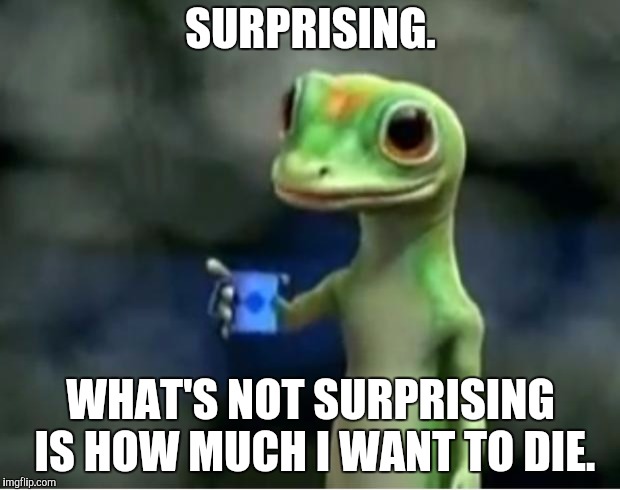 Geico Gecko | SURPRISING. WHAT'S NOT SURPRISING IS HOW MUCH I WANT TO DIE. | image tagged in geico gecko | made w/ Imgflip meme maker