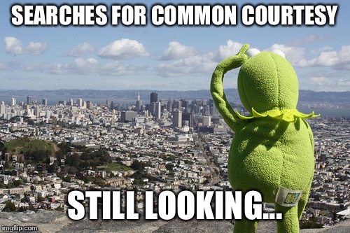 Kermit Searching | SEARCHES FOR COMMON COURTESY; STILL LOOKING... | image tagged in kermit searching | made w/ Imgflip meme maker