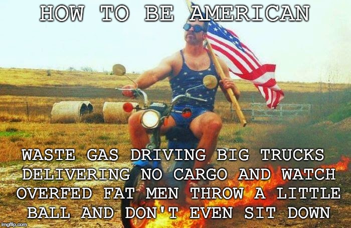 How to be American | HOW TO BE AMERICAN; WASTE GAS DRIVING BIG TRUCKS DELIVERING NO CARGO AND WATCH OVERFED FAT MEN THROW A LITTLE BALL AND DON'T EVEN SIT DOWN | image tagged in 'merica scooter,american flag,redneck | made w/ Imgflip meme maker