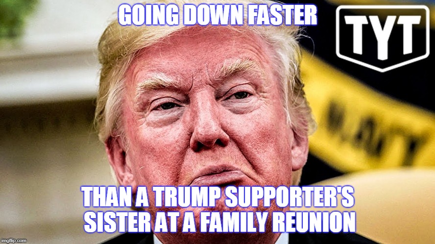 45 is 86'd | GOING DOWN FASTER; THAN A TRUMP SUPPORTER'S SISTER AT A FAMILY REUNION | image tagged in donald trump | made w/ Imgflip meme maker