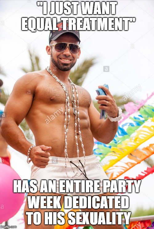 Gay douchebag | "I JUST WANT EQUAL TREATMENT"; HAS AN ENTIRE PARTY WEEK DEDICATED TO HIS SEXUALITY | image tagged in gay douchebag | made w/ Imgflip meme maker