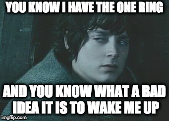sleepy frodo | YOU KNOW I HAVE THE ONE RING; AND YOU KNOW WHAT A BAD IDEA IT IS TO WAKE ME UP | image tagged in lord of the rings | made w/ Imgflip meme maker