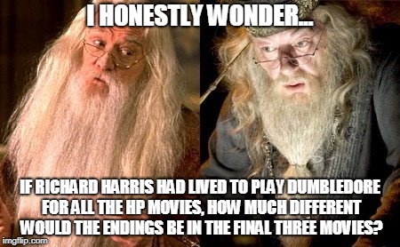 Harry Potter meme | I HONESTLY WONDER... IF RICHARD HARRIS HAD LIVED TO PLAY DUMBLEDORE FOR ALL THE HP MOVIES, HOW MUCH DIFFERENT WOULD THE ENDINGS BE IN THE FINAL THREE MOVIES? | image tagged in dumbledore,harry potter,harry potter meme | made w/ Imgflip meme maker