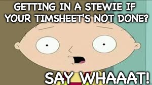 Stewie Timesheet Reminder
 | GETTING IN A STEWIE IF YOUR TIMSHEET'S NOT DONE? SAY WHAAAT! | image tagged in stewie timehseet reminder,timesheet reminder,timesheet meme,stewie family guy,say whaaat,say whaat | made w/ Imgflip meme maker