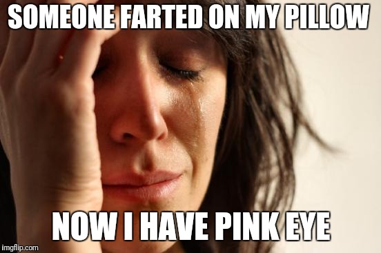 First World Problems Meme | SOMEONE FARTED ON MY PILLOW NOW I HAVE PINK EYE | image tagged in memes,first world problems | made w/ Imgflip meme maker