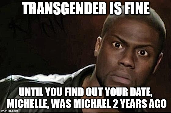Surprise | TRANSGENDER IS FINE; UNTIL YOU FIND OUT YOUR DATE, MICHELLE, WAS MICHAEL 2 YEARS AGO | image tagged in memes,kevin hart | made w/ Imgflip meme maker