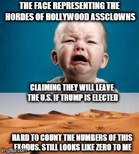 Still Waiting...bye Felicia |  THE FACE REPRESENTING THE HORDES OF HOLLYWOOD ASSCLOWNS; CLAIMING THEY WILL LEAVE THE U.S. IF TRUMP IS ELECTED; HARD TO COUNT THE NUMBERS OF THIS EXODUS. STILL LOOKS LIKE ZERO TO ME | image tagged in liberals,liars,still waiting,memes,whining,losers | made w/ Imgflip meme maker