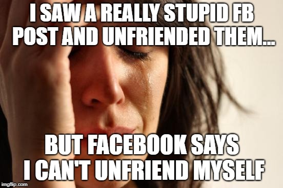 First World Problems | I SAW A REALLY STUPID FB POST AND UNFRIENDED THEM... BUT FACEBOOK SAYS I CAN'T UNFRIEND MYSELF | image tagged in memes,first world problems | made w/ Imgflip meme maker