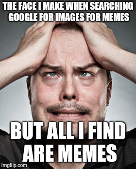 Argh! | THE FACE I MAKE WHEN SEARCHING GOOGLE FOR IMAGES FOR MEMES; BUT ALL I FIND ARE MEMES | image tagged in frustrated face | made w/ Imgflip meme maker