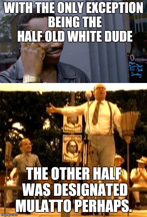 WITH THE ONLY EXCEPTION BEING THE HALF OLD WHITE DUDE THE OTHER HALF WAS DESIGNATED MULATTO PERHAPS. | made w/ Imgflip meme maker