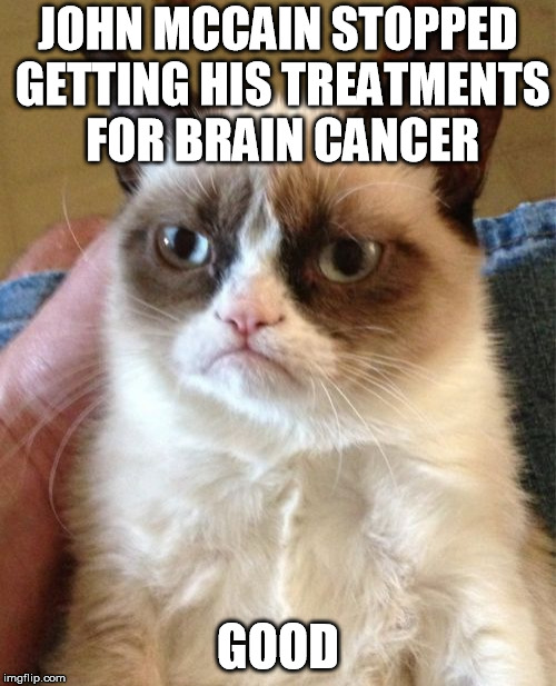 Grumpy Cat | JOHN MCCAIN STOPPED GETTING HIS TREATMENTS FOR BRAIN CANCER; GOOD | image tagged in memes,grumpy cat | made w/ Imgflip meme maker