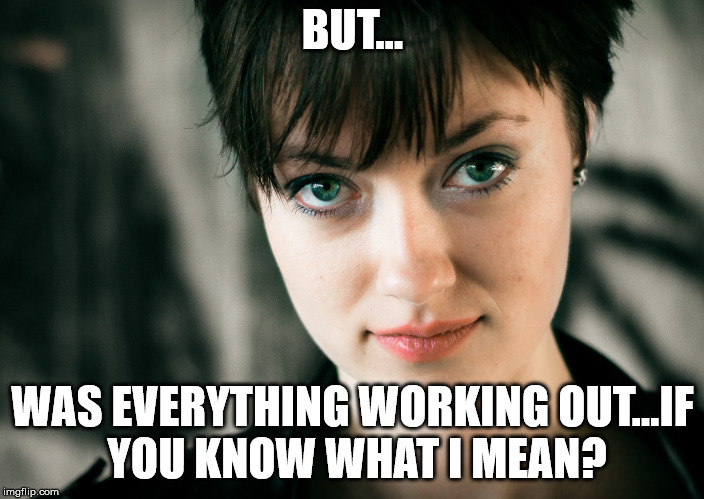 Short haired white woman | BUT... WAS EVERYTHING WORKING OUT...IF YOU KNOW WHAT I MEAN? | image tagged in short haired white woman | made w/ Imgflip meme maker