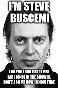 Steve Buscemi | I'M STEVE BUSCEMI AND YOU LOOK LIKE JAMES EARL JONES IN THE SHOWER. DON'T ASK ME HOW I KNOW THAT. | image tagged in steve buscemi | made w/ Imgflip meme maker