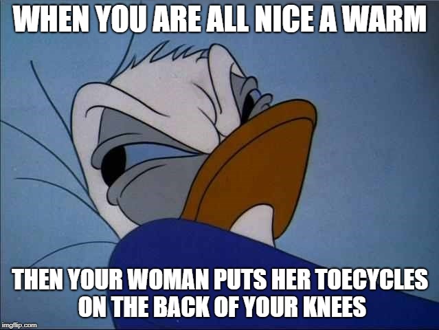 Angry Donald |  WHEN YOU ARE ALL NICE A WARM; THEN YOUR WOMAN PUTS HER TOECYCLES ON THE BACK OF YOUR KNEES | image tagged in angry donald | made w/ Imgflip meme maker