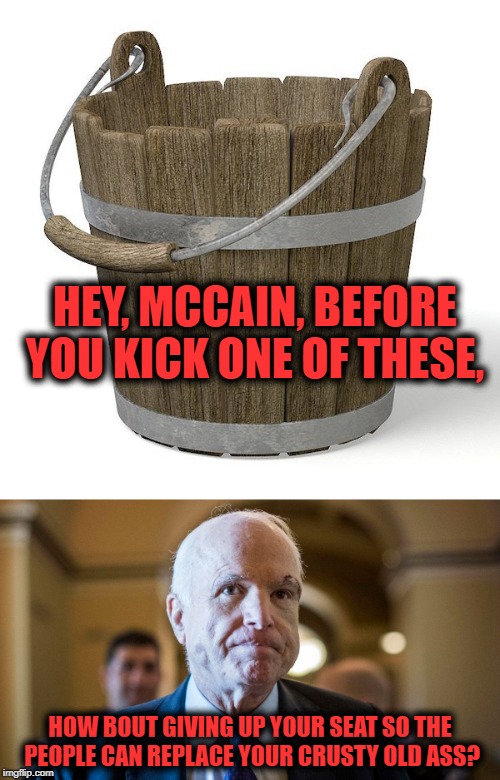 Songbird McCain. | HEY, MCCAIN, BEFORE YOU KICK ONE OF THESE, HOW BOUT GIVING UP YOUR SEAT SO THE PEOPLE CAN REPLACE YOUR CRUSTY OLD ASS? | image tagged in john mccain,krusty krab vs chum bucket,buckethead,politically incorrect | made w/ Imgflip meme maker