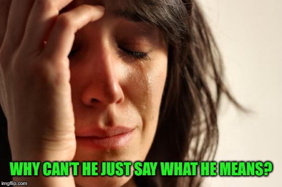 First World Problems Meme | WHY CAN’T HE JUST SAY WHAT HE MEANS? | image tagged in memes,first world problems | made w/ Imgflip meme maker