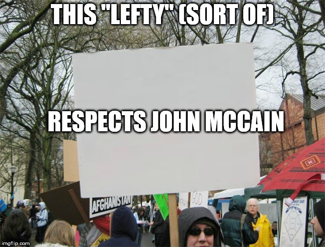 Blank protest sign | THIS "LEFTY" (SORT OF) RESPECTS JOHN MCCAIN | image tagged in blank protest sign | made w/ Imgflip meme maker