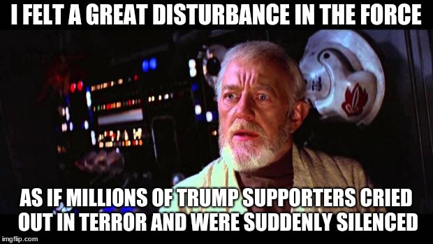 obi wan million voices | I FELT A GREAT DISTURBANCE IN THE FORCE; AS IF MILLIONS OF TRUMP SUPPORTERS CRIED OUT IN TERROR AND WERE SUDDENLY SILENCED | image tagged in obi wan million voices | made w/ Imgflip meme maker