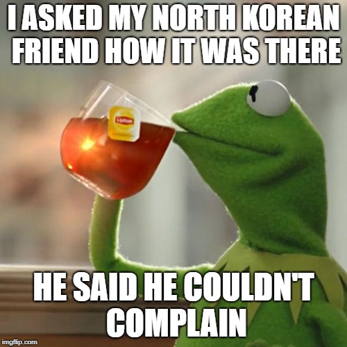 But That's None Of My Business | I ASKED MY NORTH KOREAN FRIEND HOW IT WAS THERE; HE SAID HE COULDN'T COMPLAIN | image tagged in memes,but thats none of my business,kermit the frog | made w/ Imgflip meme maker