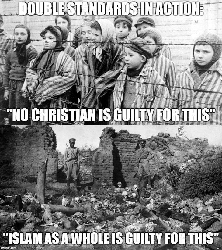 Double Standards In Action | DOUBLE STANDARDS IN ACTION:; "NO CHRISTIAN IS GUILTY FOR THIS"; "ISLAM AS A WHOLE IS GUILTY FOR THIS" | image tagged in double standards,christians,christianity,guilty | made w/ Imgflip meme maker