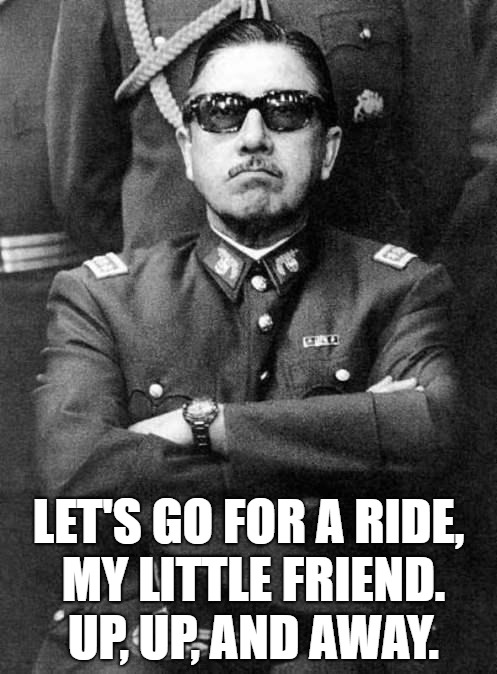 Pinochet | LET'S GO FOR A RIDE, MY LITTLE FRIEND. UP, UP, AND AWAY. | image tagged in pinochet | made w/ Imgflip meme maker