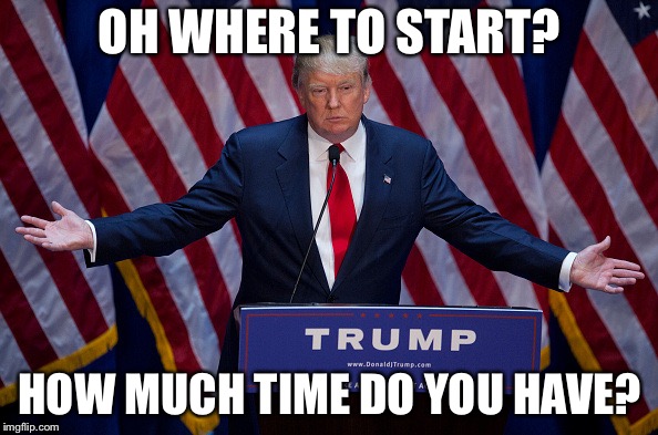 Donald Trump | OH WHERE TO START? HOW MUCH TIME DO YOU HAVE? | image tagged in donald trump | made w/ Imgflip meme maker