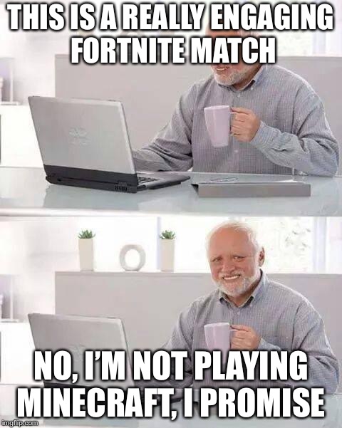 I know what your doing Harold | THIS IS A REALLY ENGAGING FORTNITE MATCH; NO, I’M NOT PLAYING MINECRAFT, I PROMISE | image tagged in memes,hide the pain harold | made w/ Imgflip meme maker