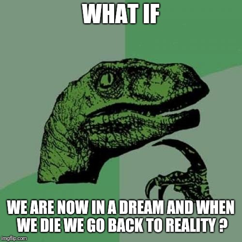 Philosoraptor Meme | WHAT IF; WE ARE NOW IN A DREAM AND WHEN WE DIE WE GO BACK TO REALITY ? | image tagged in memes,philosoraptor | made w/ Imgflip meme maker