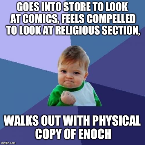 Success Kid Meme | GOES INTO STORE TO LOOK AT COMICS, FEELS COMPELLED TO LOOK AT RELIGIOUS SECTION, WALKS OUT WITH PHYSICAL COPY OF ENOCH | image tagged in memes,success kid | made w/ Imgflip meme maker