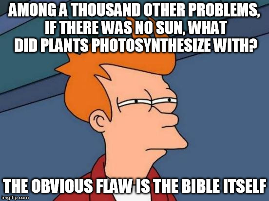 Futurama Fry Meme | AMONG A THOUSAND OTHER PROBLEMS, IF THERE WAS NO SUN, WHAT DID PLANTS PHOTOSYNTHESIZE WITH? THE OBVIOUS FLAW IS THE BIBLE ITSELF | image tagged in memes,futurama fry | made w/ Imgflip meme maker