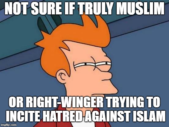 Futurama Fry Meme | NOT SURE IF TRULY MUSLIM OR RIGHT-WINGER TRYING TO INCITE HATRED AGAINST ISLAM | image tagged in memes,futurama fry | made w/ Imgflip meme maker