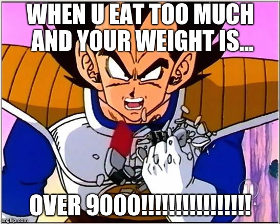 Vegeta over 9000 | WHEN U EAT TOO MUCH AND YOUR WEIGHT IS... OVER 9000!!!!!!!!!!!!!!!! | image tagged in vegeta over 9000 | made w/ Imgflip meme maker