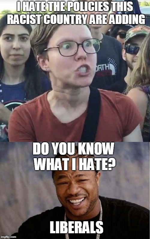 The Truth. MY truth | I HATE THE POLICIES THIS RACIST COUNTRY ARE ADDING; DO YOU KNOW WHAT I HATE? LIBERALS | image tagged in funny,memes,yo dawg heard you,triggered liberal,triggered feminist,liberals | made w/ Imgflip meme maker