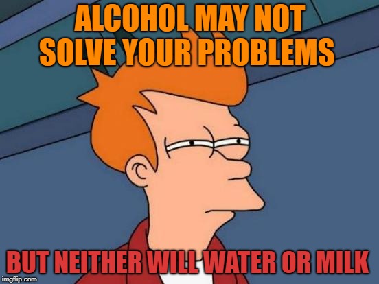 problem solver  | ALCOHOL MAY NOT SOLVE YOUR PROBLEMS; BUT NEITHER WILL WATER OR MILK | image tagged in memes,futurama fry | made w/ Imgflip meme maker