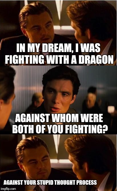 Inception | IN MY DREAM, I WAS FIGHTING WITH A DRAGON; AGAINST WHOM WERE BOTH OF YOU FIGHTING? AGAINST YOUR STUPID THOUGHT PROCESS | image tagged in memes,inception | made w/ Imgflip meme maker