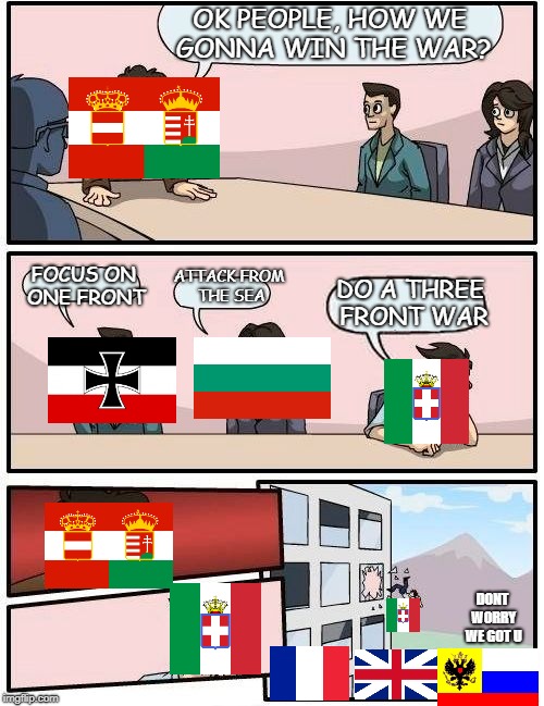 Boardroom Meeting Suggestion Meme | OK PEOPLE, HOW WE GONNA WIN THE WAR? FOCUS ON ONE FRONT; ATTACK FROM THE SEA; DO A THREE FRONT WAR; DONT WORRY WE GOT U | image tagged in memes,boardroom meeting suggestion | made w/ Imgflip meme maker