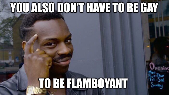 Roll Safe Think About It Meme | YOU ALSO DON’T HAVE TO BE GAY TO BE FLAMBOYANT | image tagged in memes,roll safe think about it | made w/ Imgflip meme maker