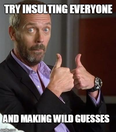 Dr. House | TRY INSULTING EVERYONE AND MAKING WILD GUESSES | image tagged in dr house | made w/ Imgflip meme maker