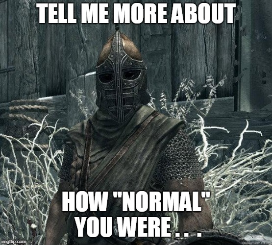 SkyrimGuard | TELL ME MORE ABOUT HOW "NORMAL" YOU WERE . .  . | image tagged in skyrimguard | made w/ Imgflip meme maker