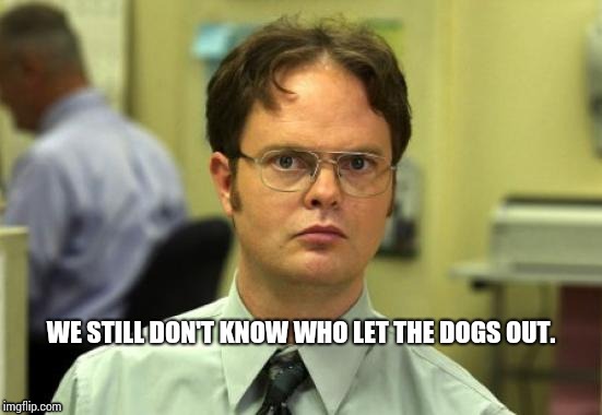 Woof.  Woof.  Woof.  Woof. | WE STILL DON'T KNOW WHO LET THE DOGS OUT. | image tagged in memes,dwight schrute,song lyrics,meme,stupid memes,ugh | made w/ Imgflip meme maker