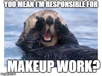 Excited Otter | YOU MEAN I'M RESPONSIBLE FOR; MAKEUP WORK? | image tagged in excited otter | made w/ Imgflip meme maker